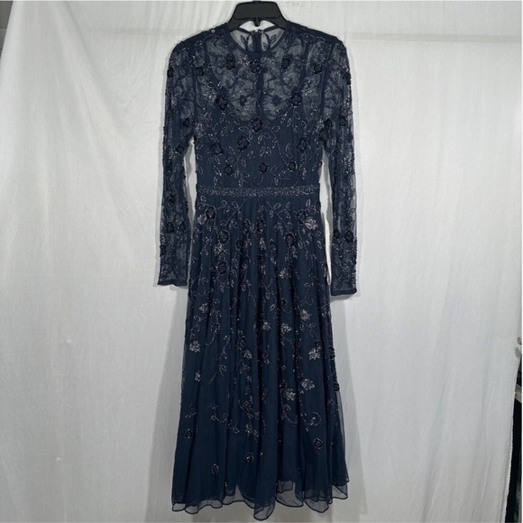 NEW $598 Mac Duggal [ 4‎ ] Beaded Floral Long Sleeve Midi Dress Navy Blue - Picture 4 of 13